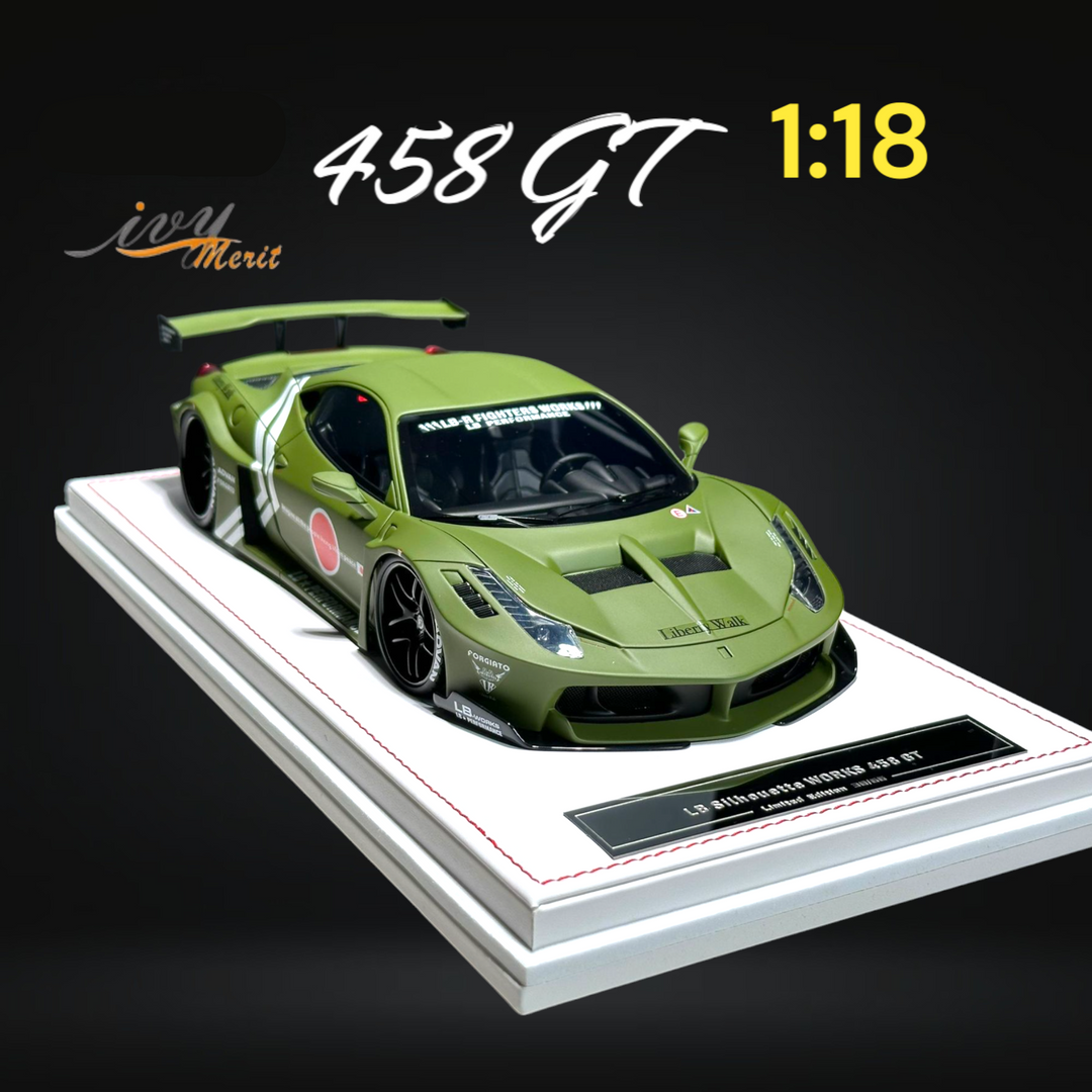 458 GT Fighter Green LBWK LB Silhouette Resin 1:18 Scale by IVY MERIT Mounted Angle Front View