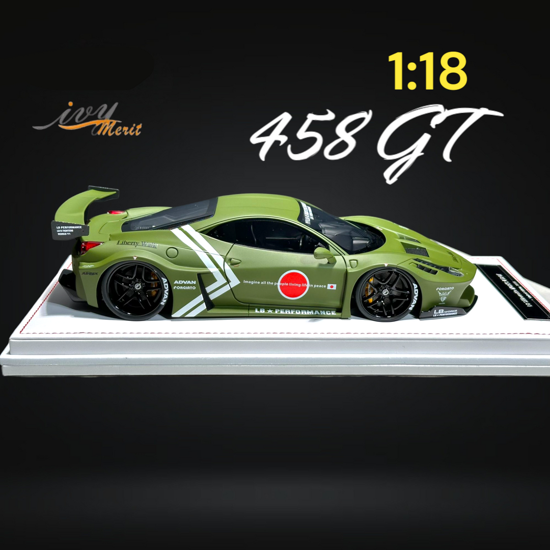 458 GT Fighter Green LBWK LB Silhouette Resin 1:18 Scale by IVY MERIT Mounted Side View