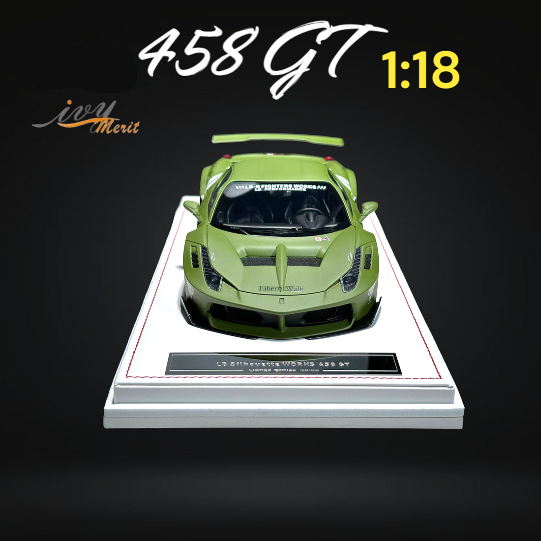 458 GT Fighter Green LBWK LB Silhouette Resin 1:18 Scale by IVY MERIT Mounted Front View