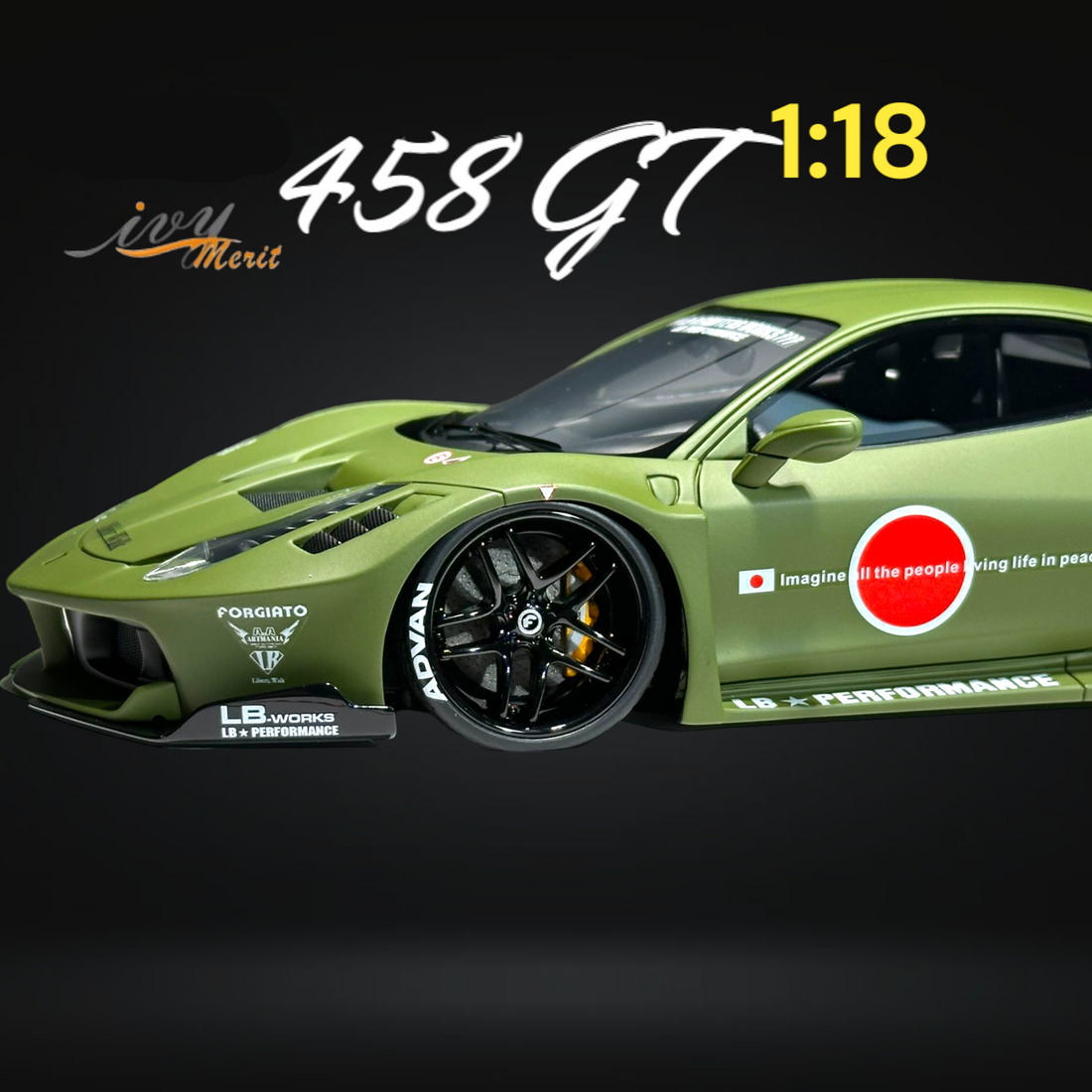 458 GT Fighter Green LBWK LB Silhouette Resin 1:18 Scale by IVY MERIT Front Side View