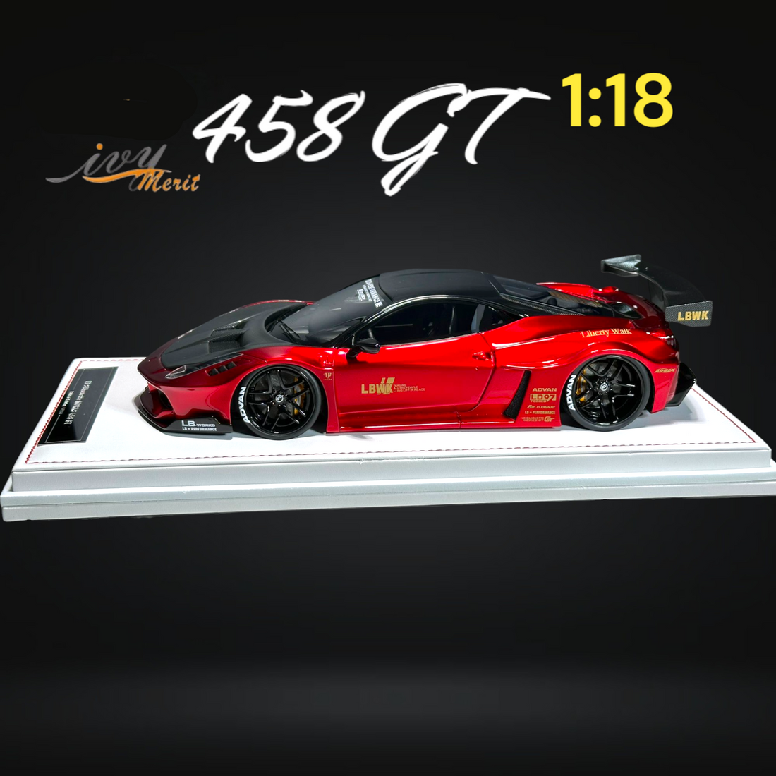 458 GT Metallic Red Carbon Hood LBWK LB Silhouette Resin 1:18 Scale by IVY MERIT Mounted Side View