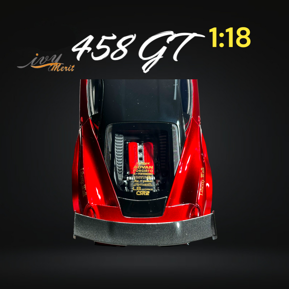 458 GT Metallic Red Carbon Hood LBWK LB Silhouette Resin 1:18 Scale by IVY MERIT Engine View