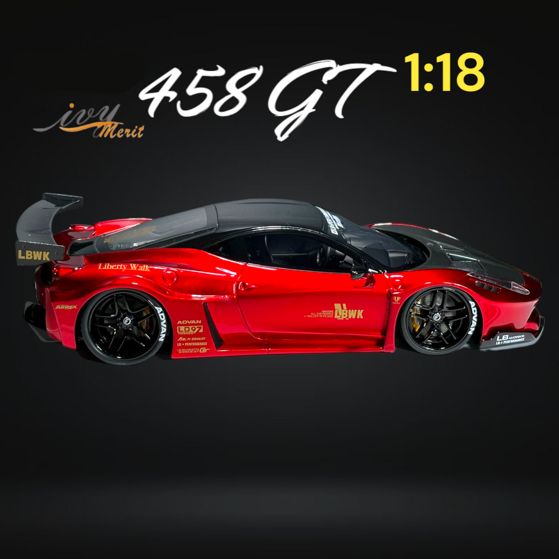 458 GT Metallic Red Carbon Hood LBWK LB Silhouette Resin 1:18 Scale by IVY MERIT Side View