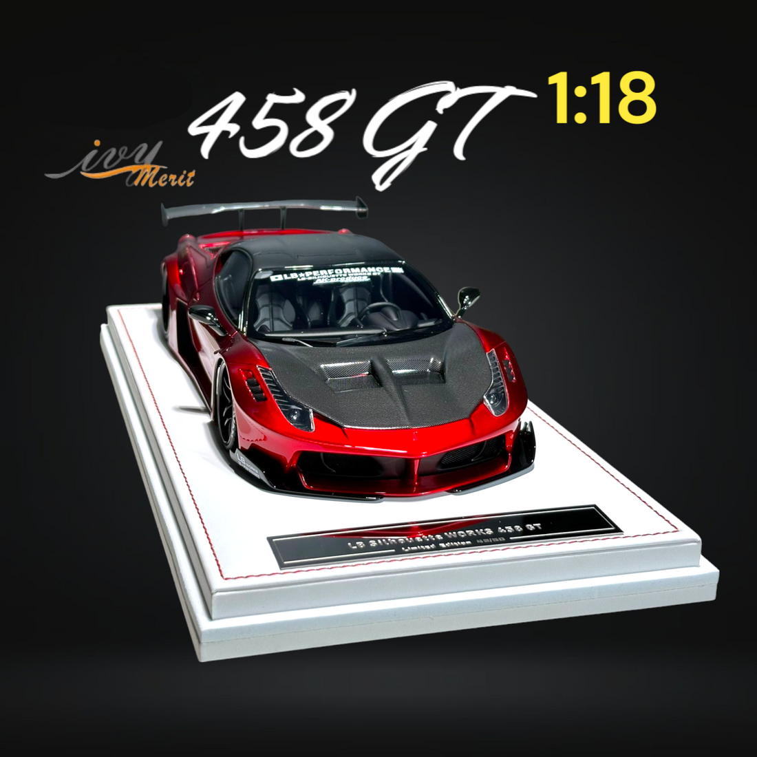 458 GT Metallic Red Carbon Hood LBWK LB Silhouette Resin 1:18 Scale by IVY MERIT Mounted Front View