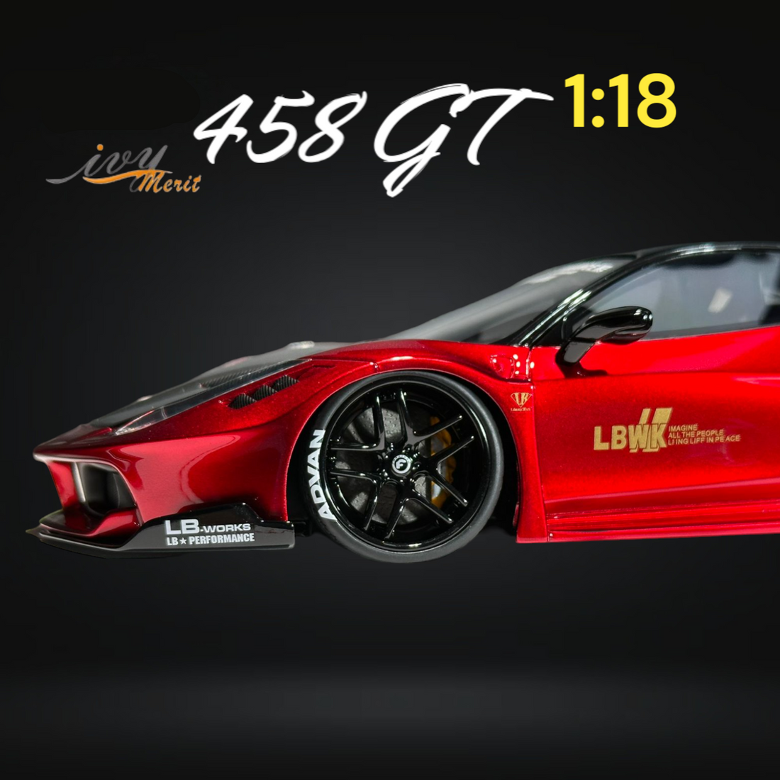 458 GT Metallic Red Carbon Hood LBWK LB Silhouette Resin 1:18 Scale by IVY MERIT Close Up Front View