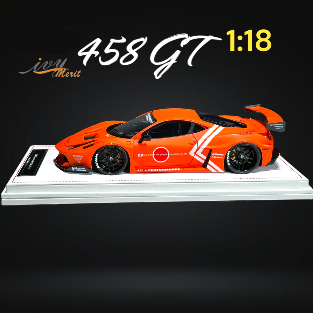 458 GT Fighter Orange LBWK LB Silhouette Resin 1:18 Scale by IVY MERIT Mounted Side View