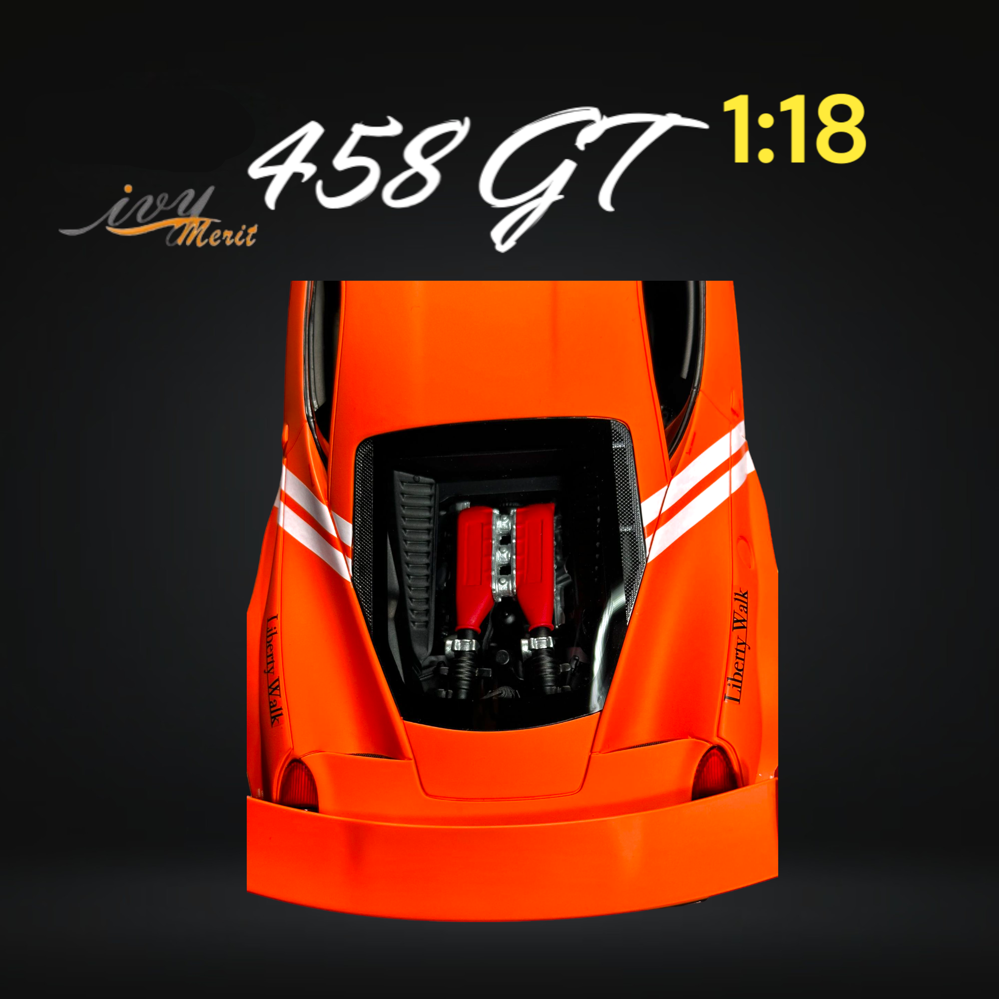 458 GT Fighter Orange LBWK LB Silhouette Resin 1:18 Scale by IVY MERIT Engine View
