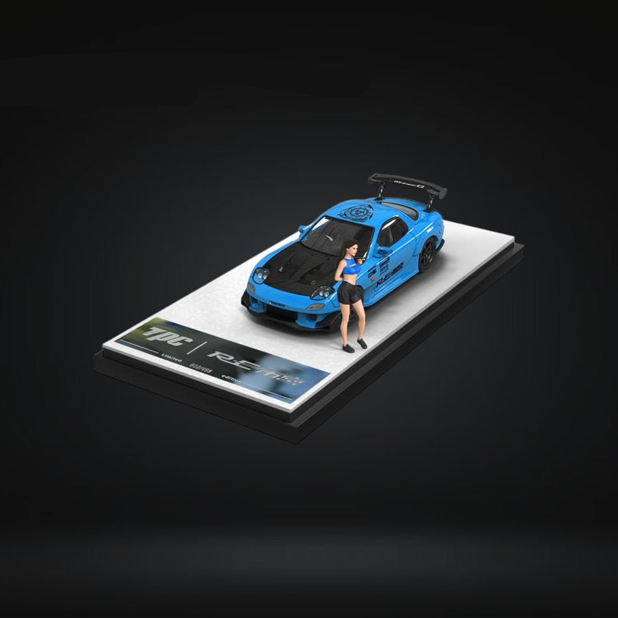 Mazda RX-7 RE Blue Livery Carbon Hood Figure Version 1:64 by TPC Angled Front View