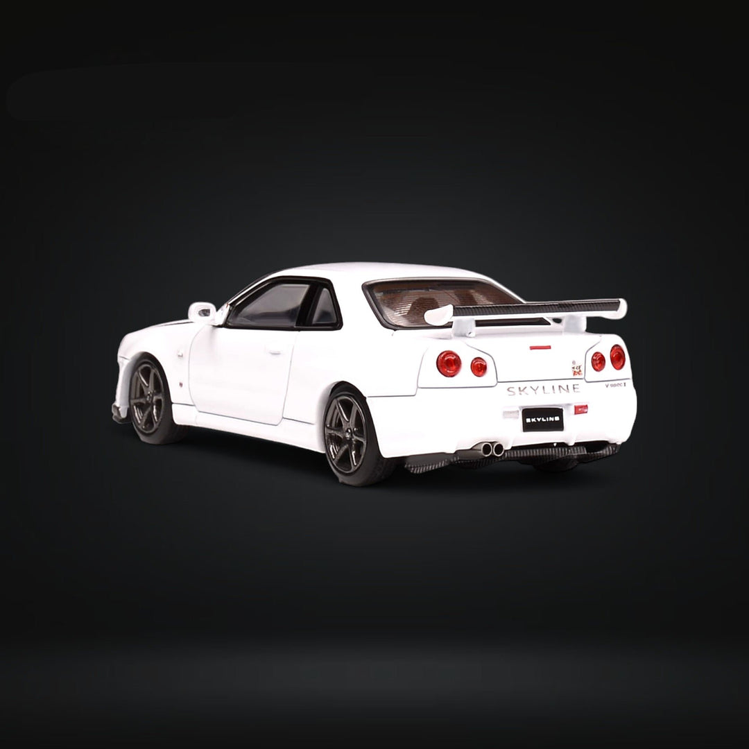 Nissan Skyline GT-R R34 Z-Tune Pearl White 1:64 by MOTORHELIX Angled Rear View