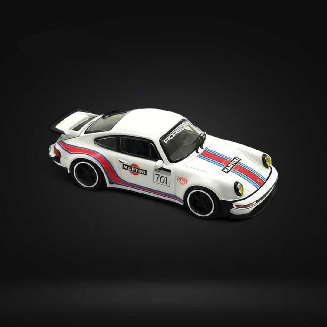 Porsche 930 Singer Turbo Study Martini Livery 1:64 by Rhino Model X Ghost Player Angled Passenger Side View