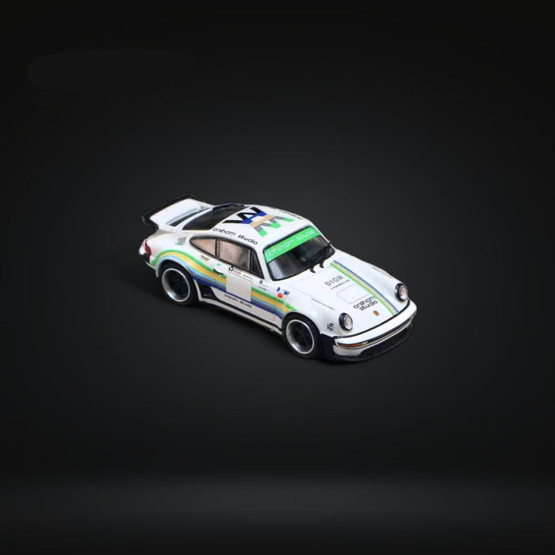 Porsche 930 Singer Turbo Arsham White Green 1:64 by Rhino Model X Ghost Player Angled Front View