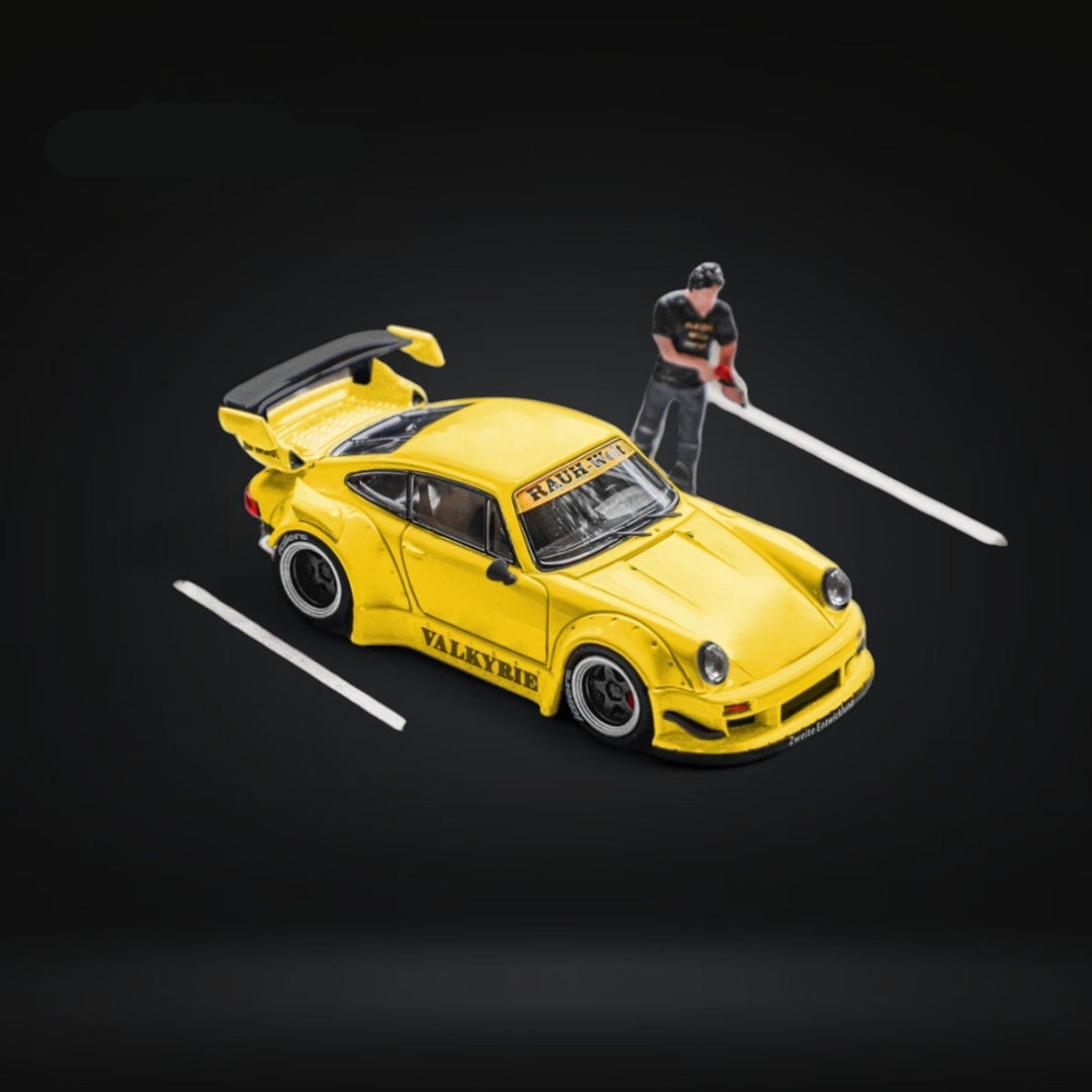 Porsche RWB 964 GT Wing Valkyrie Yellow w/ Figure 1:64 by Star Model Angled Passenger Front View