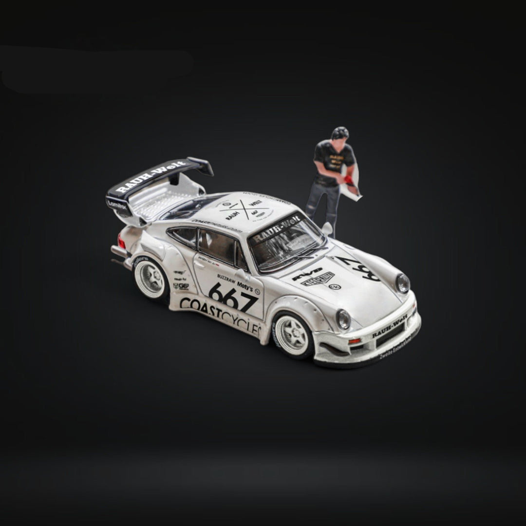 Porsche RWB 964 GT Wing CoastCycles White #667 w/ Figure 1:64 by Star Model Angled Front View