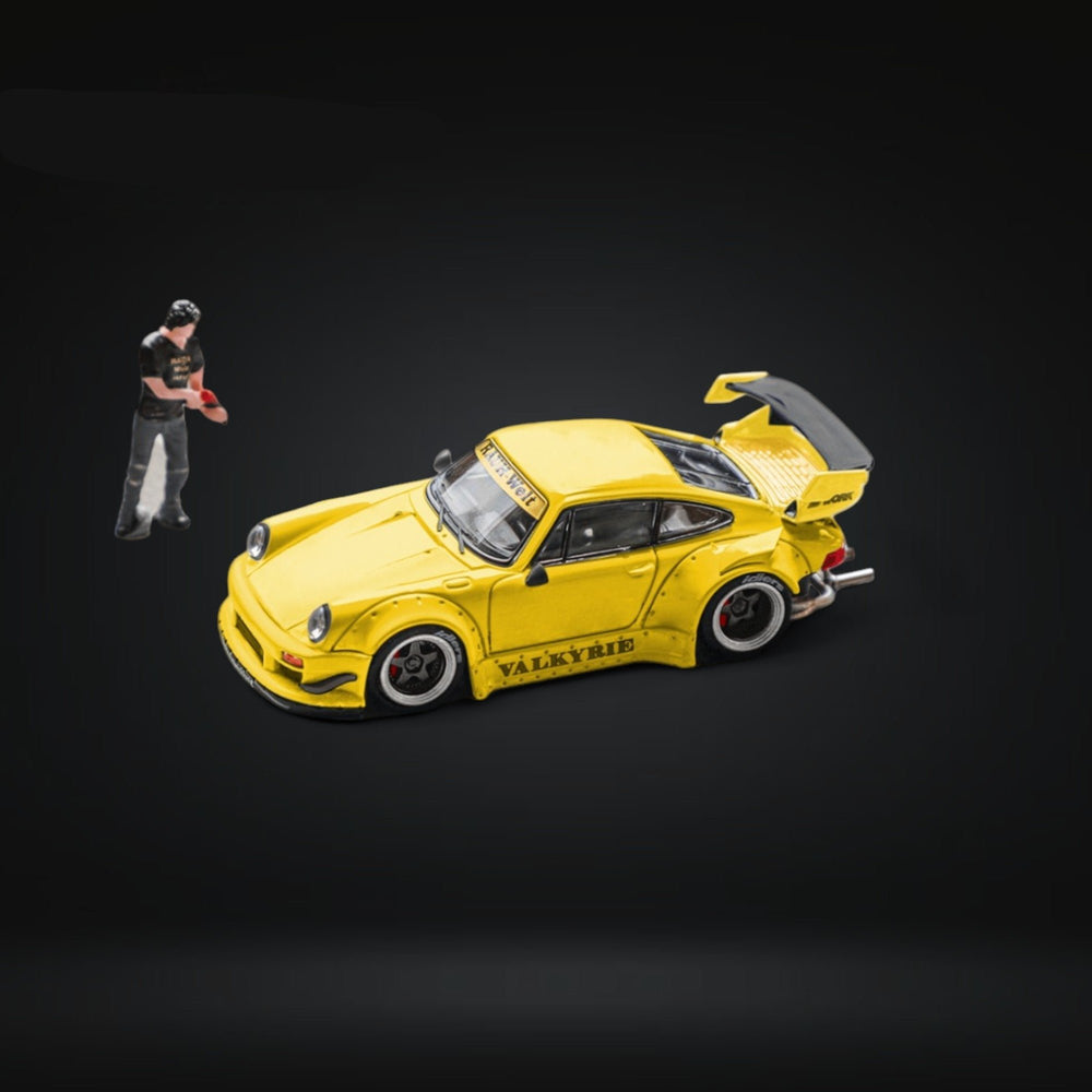 Porsche RWB 964 GT Wing Valkyrie Yellow w/ Figure 1:64 by Star Model Angled Driver Front View