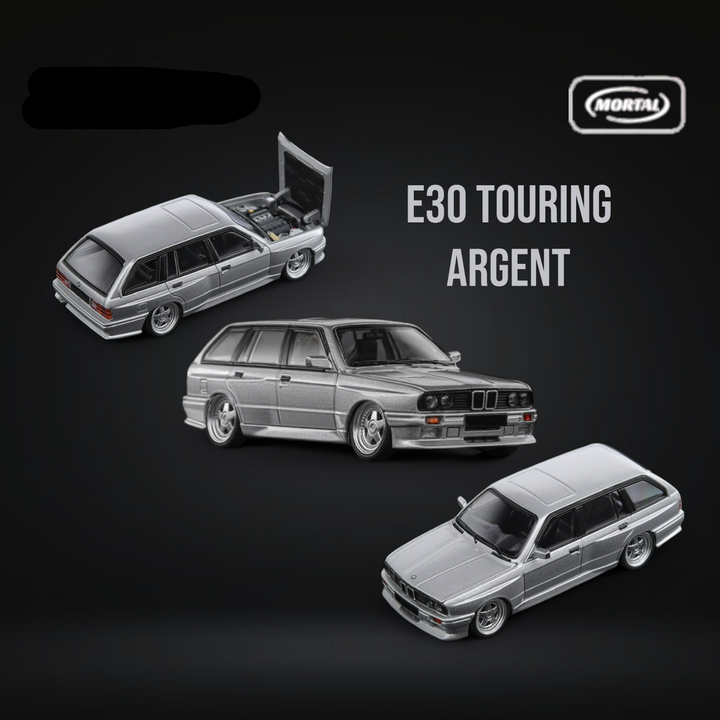 BMW E30 Touring Wagon in Argent Grey w/ Openable Hood 1:64 by Mortal