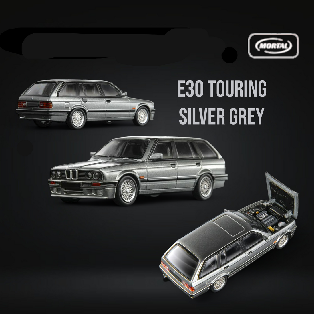 BMW E30 Touring Wagon in Silver Grey w/ Openable Hood 1:64 by Mortal