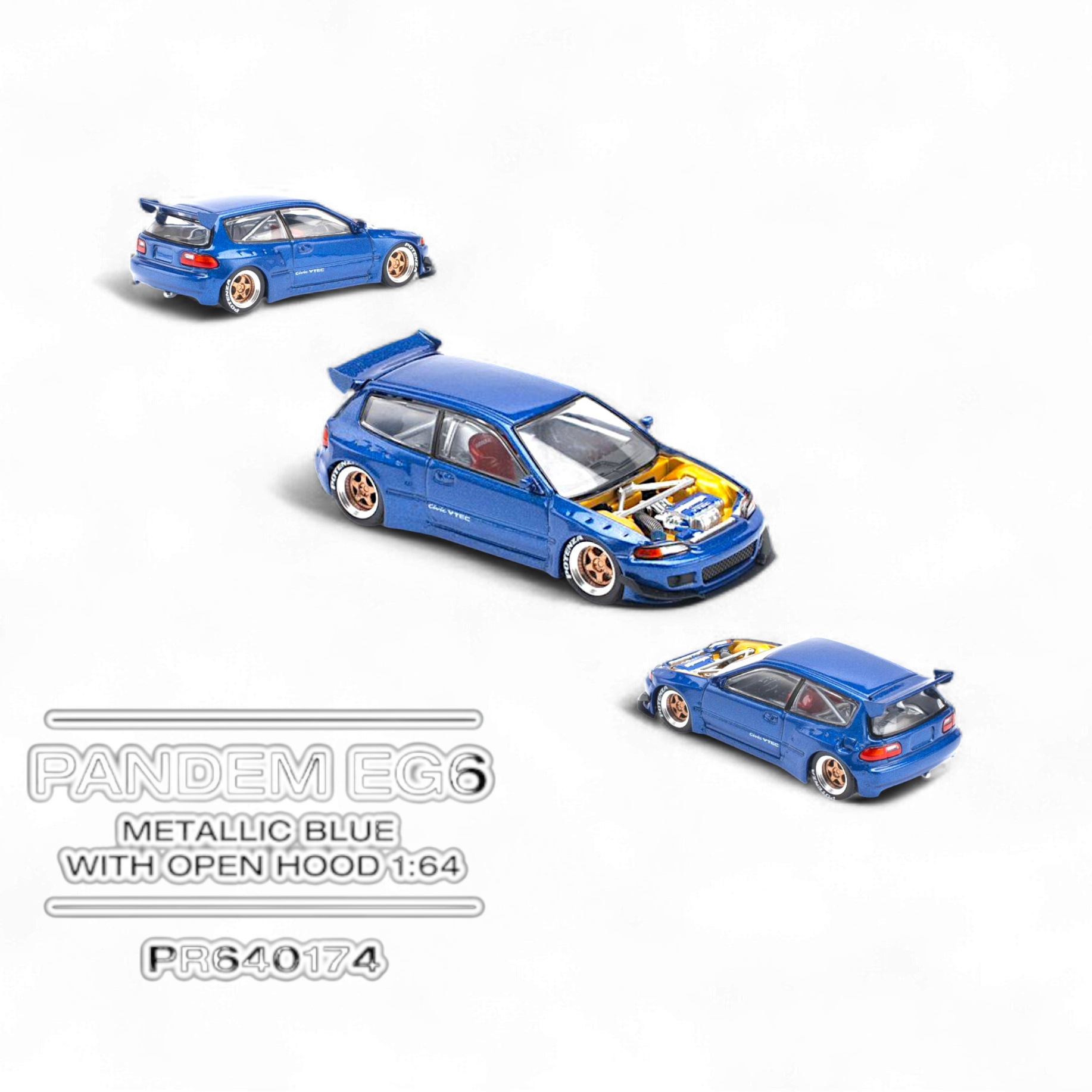 Pandem Civic EG6 Metallic Blue w/ Openable hood 1:64 by Pop Race 