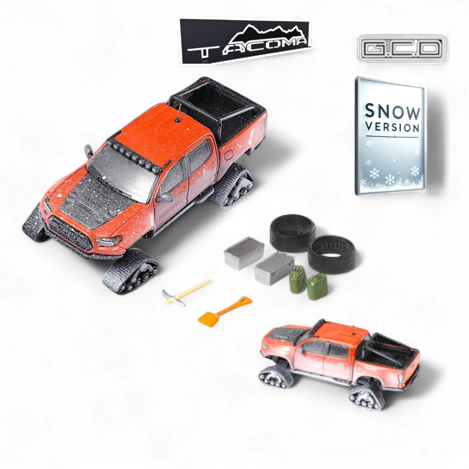 Toyota TACOMA SNOW VERSION in Orange Red - Snow Effect & 3PMSF Tires 1:64 by GCD