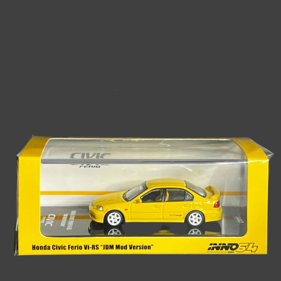 Honda Civic Ferio Vi RS Yellow With Extra Spoon Sports Decals & Wheels 1:64 by Inno64