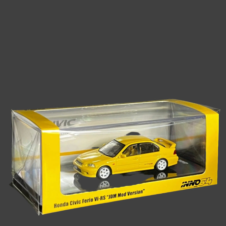 Honda Civic Ferio Vi RS Yellow With Extra Spoon Sports Decals & Wheels 1:64 by Inno64 Package View