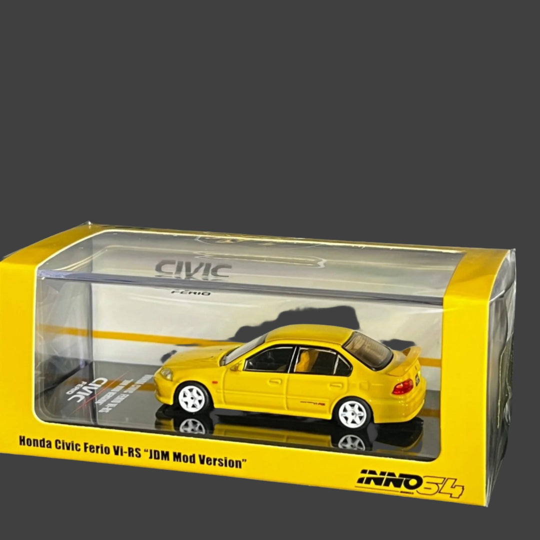 Honda Civic Ferio Vi RS Yellow With Extra Spoon Sports Decals & Wheels 1:64 by Inno64 Angled Package View