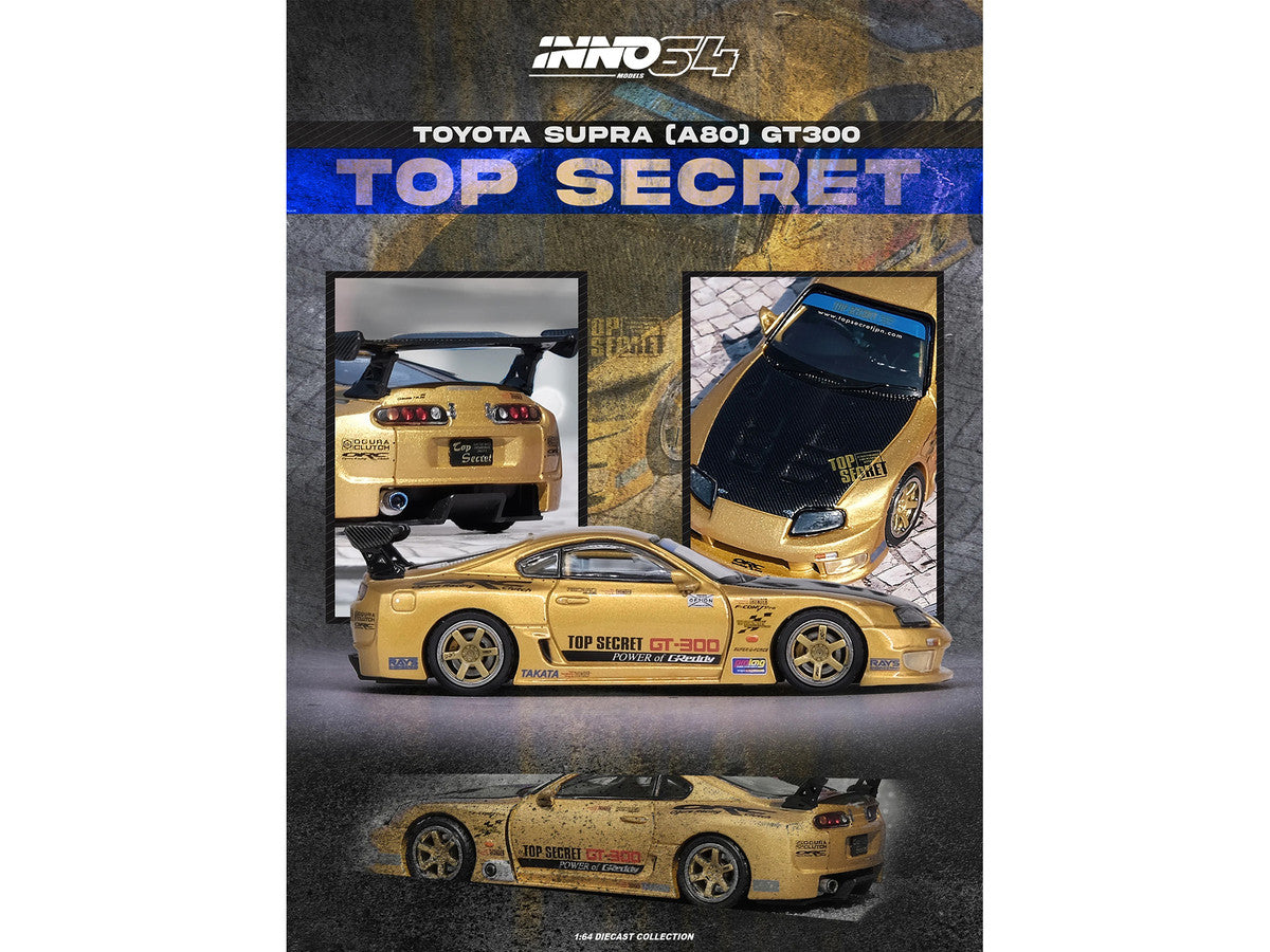 Toyota Supra (A80) "Top Secret" GT300 RHD (Right Hand Drive) Gold Metallic with Carbon Hood 1/64 Diecast Model Car by Inno Models-0