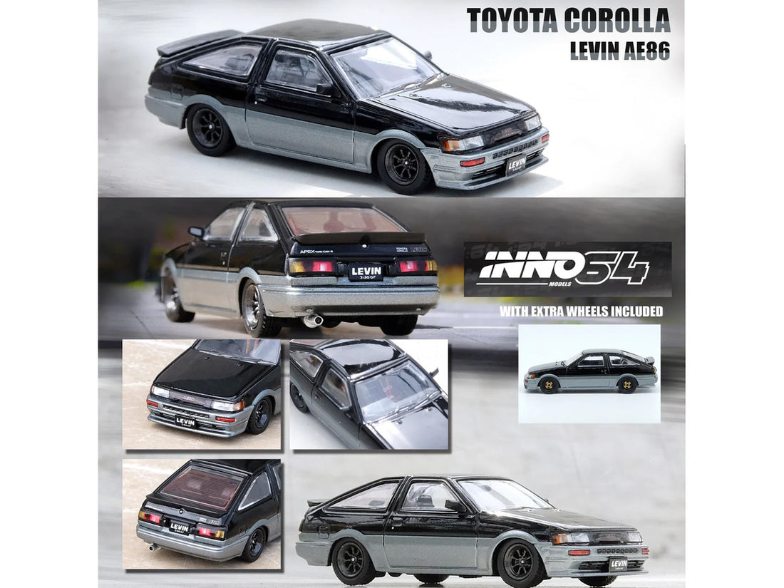 Toyota Corolla AE86 Levin RHD (Right Hand Drive) Black and Gray Metallic 1/64 Diecast Model Car by Inno Models-2