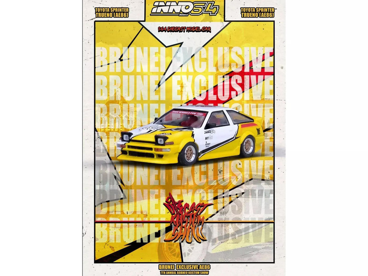 Toyota Sprinter Trueno (AE86) RHD (Right Hand Drive) "Brunei Diecast Kustom Show 2024" White and Yellow with Graphics 1/64 Diecast Model Car by Inno Models-0
