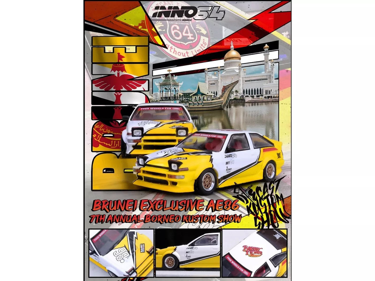Toyota Sprinter Trueno (AE86) RHD (Right Hand Drive) "Brunei Diecast Kustom Show 2024" White and Yellow with Graphics 1/64 Diecast Model Car by Inno Models-1