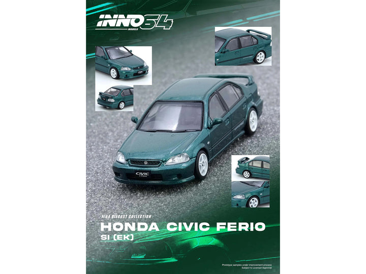 Honda Civic Ferio Si (EK) RHD (Right Hand Drive) Green Metallic 1/64 Diecast Model Car by Inno Models-1