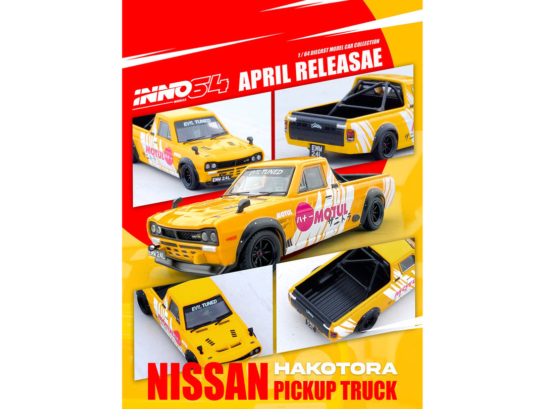 Nissan Sunny "Hakotora" Pickup Truck RHD (Right Hand Drive) "Motul" Yellow with White Stripes 1/64 Diecast Model Car by Inno Models-2