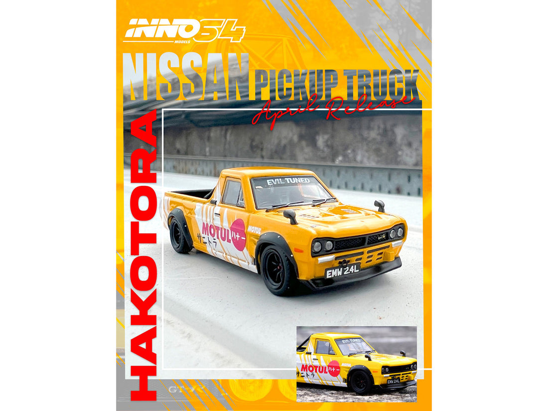 Nissan Sunny "Hakotora" Pickup Truck RHD (Right Hand Drive) "Motul" Yellow with White Stripes 1/64 Diecast Model Car by Inno Models-1