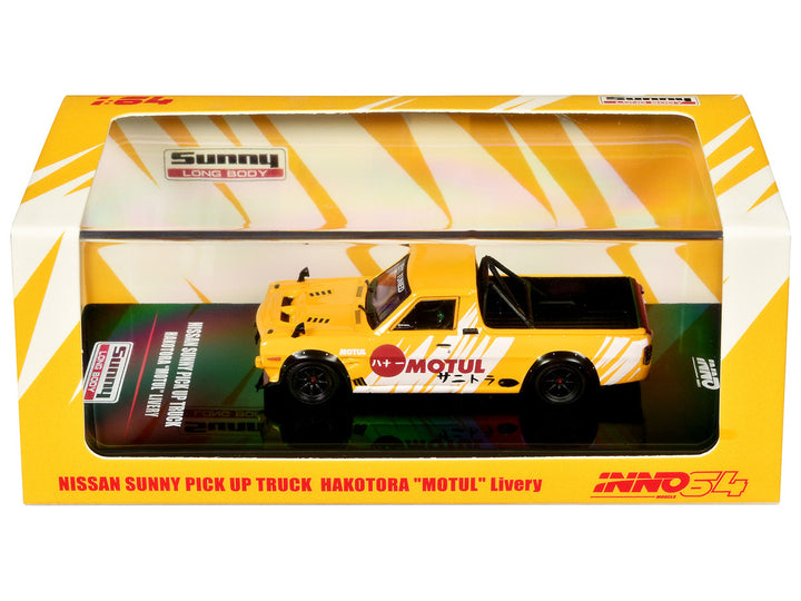 Nissan Sunny "Hakotora" Pickup Truck RHD (Right Hand Drive) "Motul" Yellow with White Stripes 1/64 Diecast Model Car by Inno Models-0