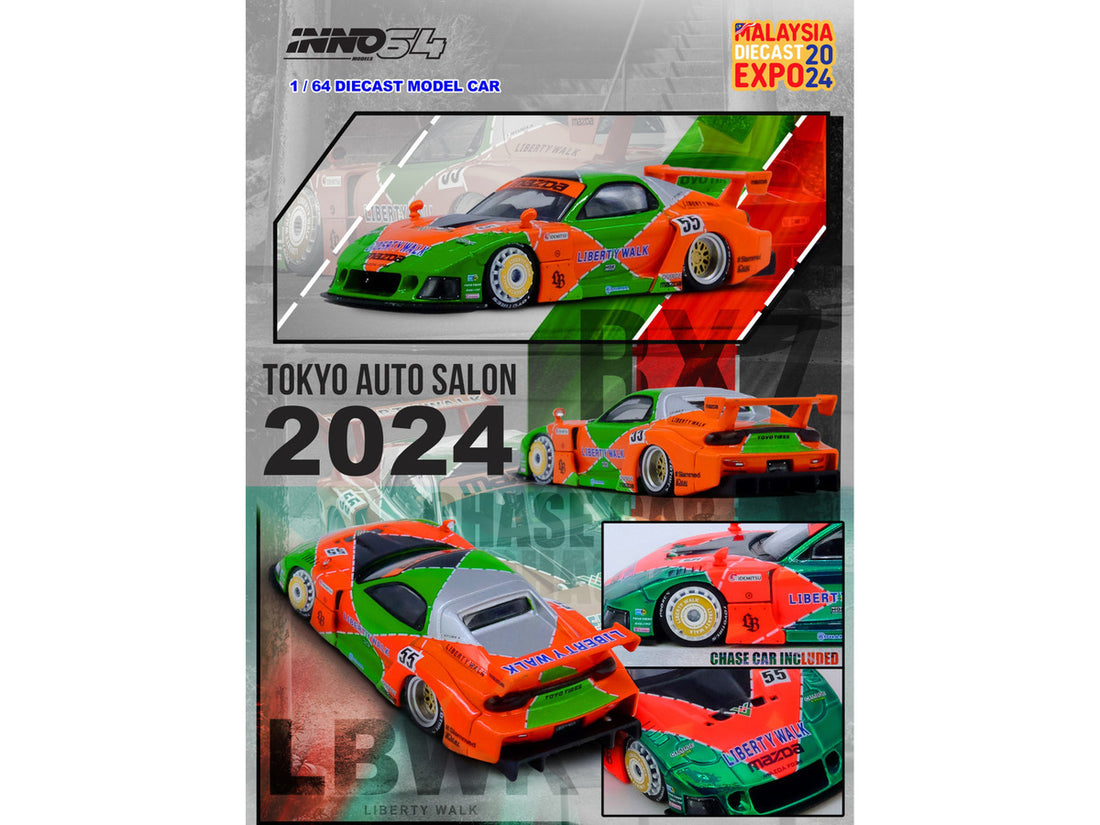 Mazda RX7 (FD3S) LB-Super-Silhouette RHD (Right Hand Drive) #55 Green and Orange with Graphics "Tokyo Auto Salon 2024 - Malaysia Diecast Expo 2024" 1/64 Diecast Model Car by Inno Models-1