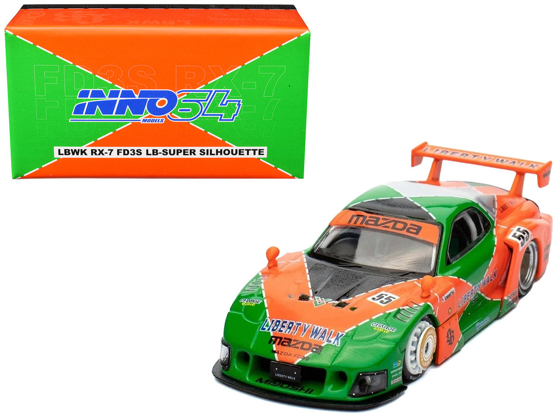 Mazda RX7 (FD3S) LB-Super-Silhouette RHD (Right Hand Drive) #55 Green and Orange with Graphics "Tokyo Auto Salon 2024 - Malaysia Diecast Expo 2024" 1/64 Diecast Model Car by Inno Models-2