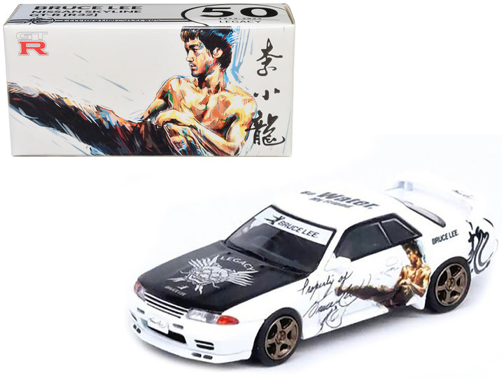 Nissan Skyline GT-R (R32) RHD (Right Hand Drive) White with Black Hood "Bruce Lee Legacy 50 Year Anniversary" 1/64 Diecast Model Car by Inno Models-0