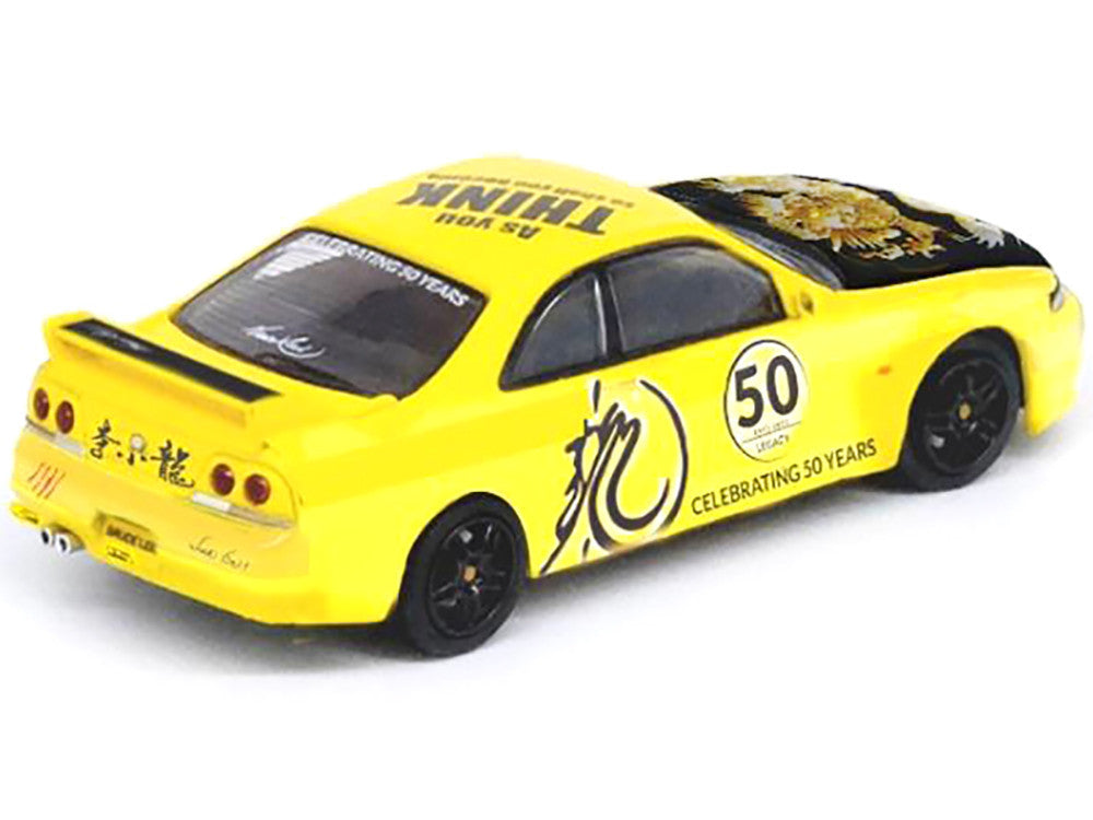 Nissan Skyline GT-R (R33) RHD (Right Hand Drive) Yellow with Black Hood "Bruce Lee Legacy 50 Year Anniversary" 1/64 Diecast Model Car by Inno Models-1