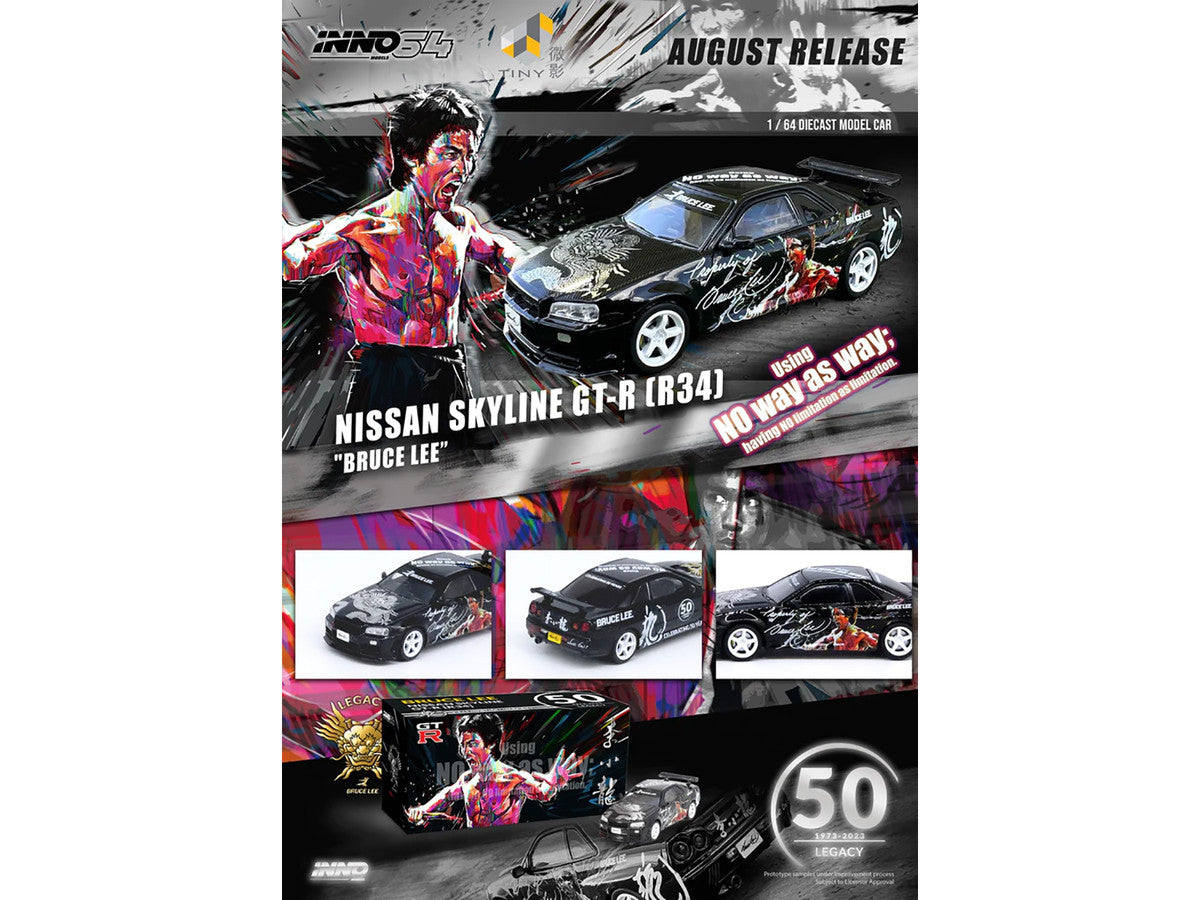 Nissan Skyline GT-R (R34) RHD (Right Hand Drive) Black "Bruce Lee Legacy 50 Year Anniversary" 1/64 Diecast Model Car by Inno Models-2