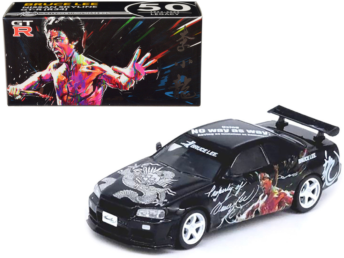 Nissan Skyline GT-R (R34) RHD (Right Hand Drive) Black "Bruce Lee Legacy 50 Year Anniversary" 1/64 Diecast Model Car by Inno Models-0