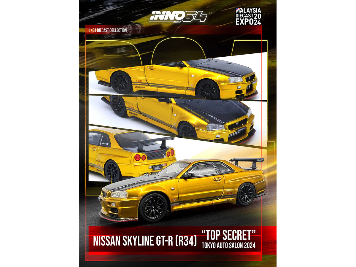 Nissan Skyline GT-R (R34) "Top Secret" RHD (Right Hand Drive) Gold Metallic with Carbon Hood and Trunk "Tokyo Auto Salon 2024 - Malaysia Diecast Expo 2024" 1/64 Diecast Model Car by Inno Models-1