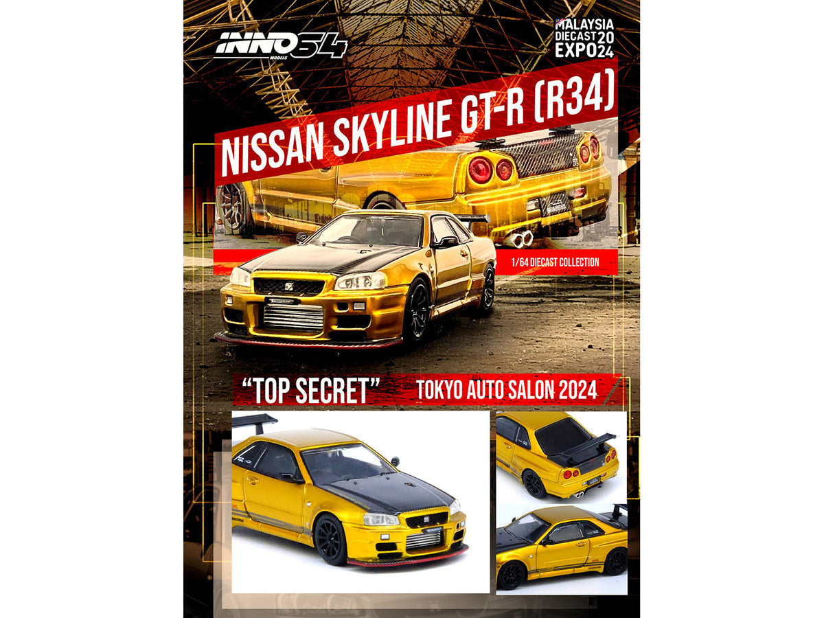 Nissan Skyline GT-R (R34) "Top Secret" RHD (Right Hand Drive) Gold Metallic with Carbon Hood and Trunk "Tokyo Auto Salon 2024 - Malaysia Diecast Expo 2024" 1/64 Diecast Model Car by Inno Models-2