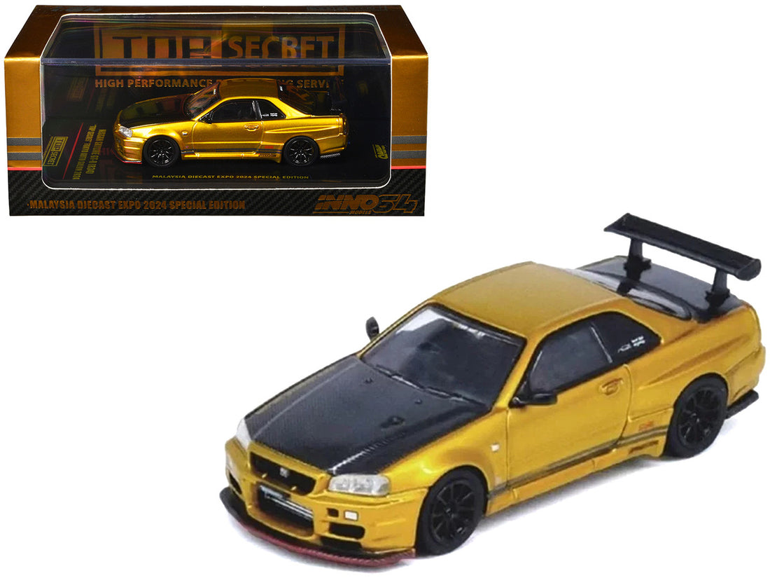 Nissan Skyline GT-R (R34) "Top Secret" RHD (Right Hand Drive) Gold Metallic with Carbon Hood and Trunk "Tokyo Auto Salon 2024 - Malaysia Diecast Expo 2024" 1/64 Diecast Model Car by Inno Models-4