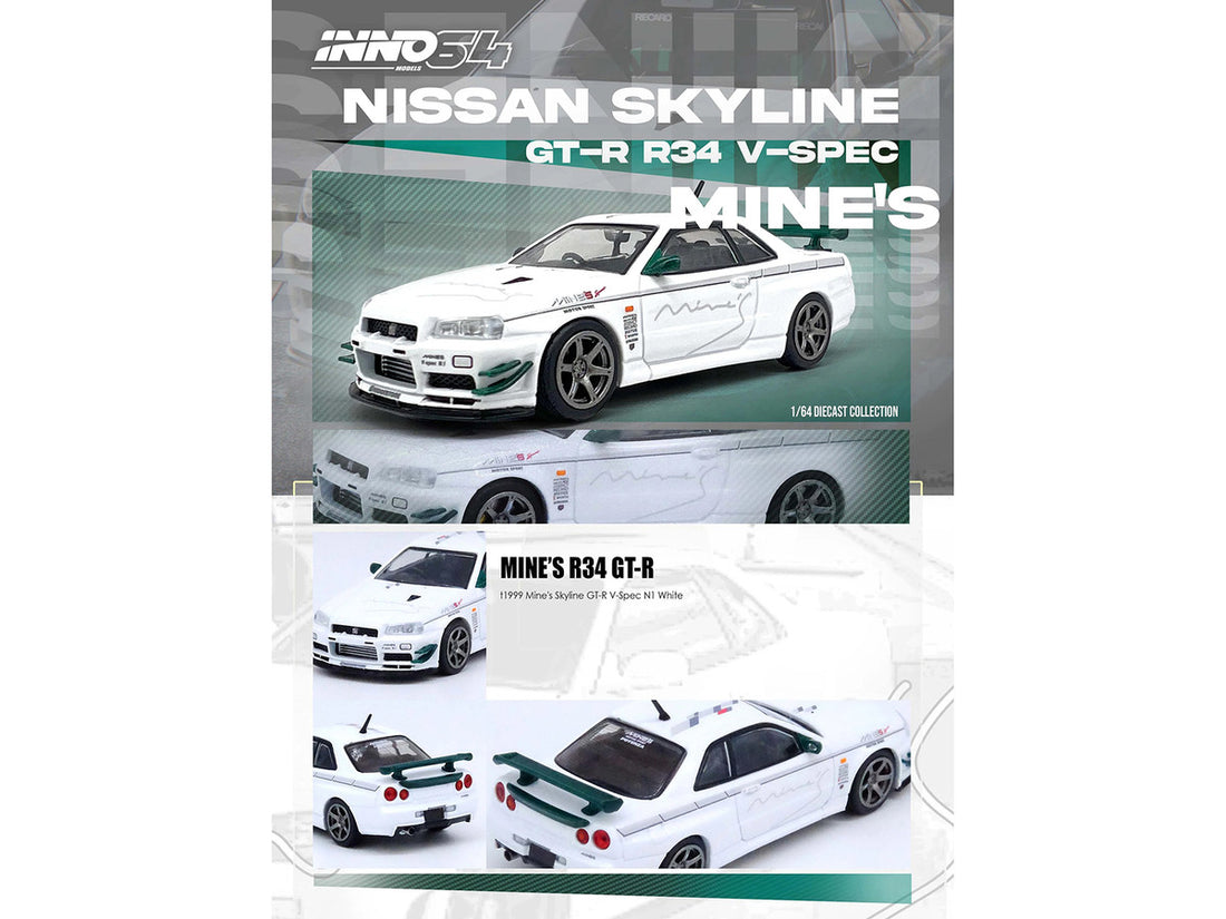Nissan Skyline GT-R (R34) V-SPEC N1 RHD (Right Hand Drive) "Tuned by Mine's" White 1/64 Diecast Model Car by Inno Models-2
