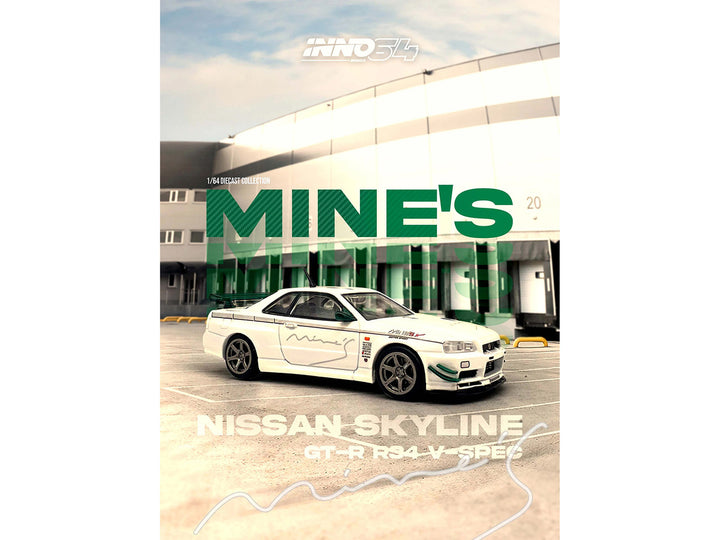 Nissan Skyline GT-R (R34) V-SPEC N1 RHD (Right Hand Drive) "Tuned by Mine's" White 1/64 Diecast Model Car by Inno Models-1