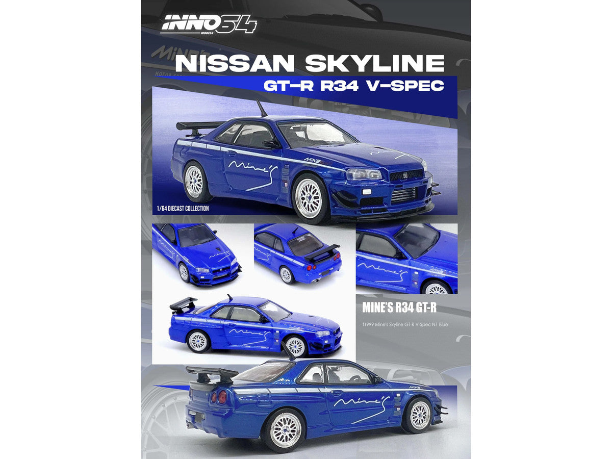 Nissan Skyline GT-R (R34) V-SPEC RHD (Right Hand Drive) "Tuned by Mine's" Blue Metallic 1/64 Diecast Model Car by Inno Models-3