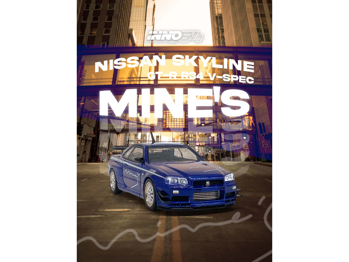 Nissan Skyline GT-R (R34) V-SPEC RHD (Right Hand Drive) "Tuned by Mine's" Blue Metallic 1/64 Diecast Model Car by Inno Models-2