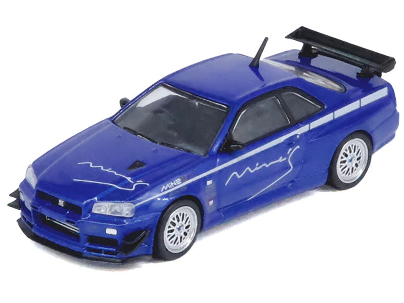 Nissan Skyline GT-R (R34) V-SPEC RHD (Right Hand Drive) "Tuned by Mine's" Blue Metallic 1/64 Diecast Model Car by Inno Models-0