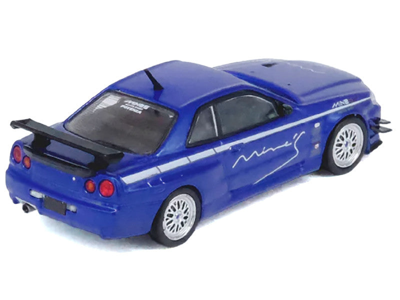 Nissan Skyline GT-R (R34) V-SPEC RHD (Right Hand Drive) "Tuned by Mine's" Blue Metallic 1/64 Diecast Model Car by Inno Models-1