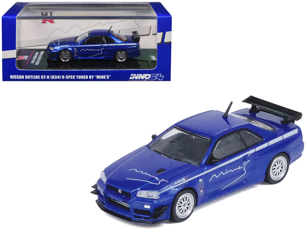 Nissan Skyline GT-R (R34) V-SPEC RHD (Right Hand Drive) "Tuned by Mine's" Blue Metallic 1/64 Diecast Model Car by Inno Models-4