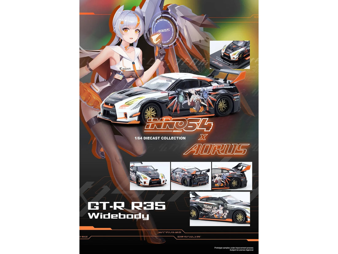 Nissan GT-R (R35) Widebody RHD (Right Hand Drive) Black and White with Graphics "AORUS X INNO64 Limited Edition" 1/64 Diecast Model Car by Inno Models-3
